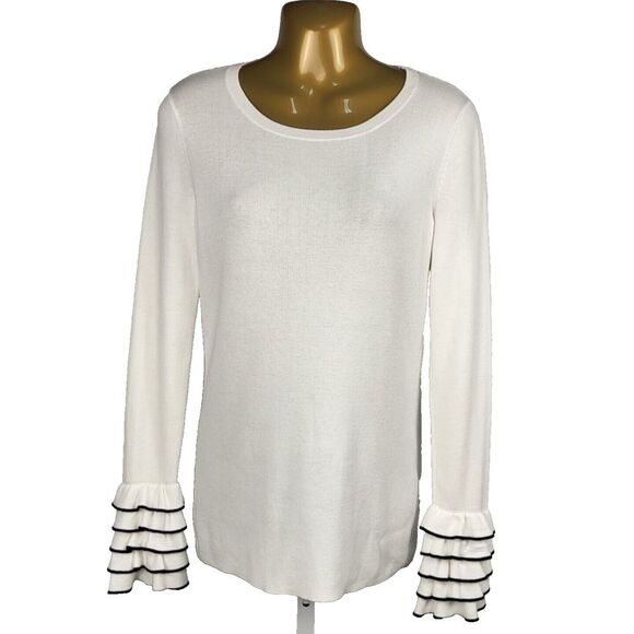 Club Monaco Medium White Sweater 5 layer Cuff Ruffles with Black Trim Feminine - Picture 1 of 8